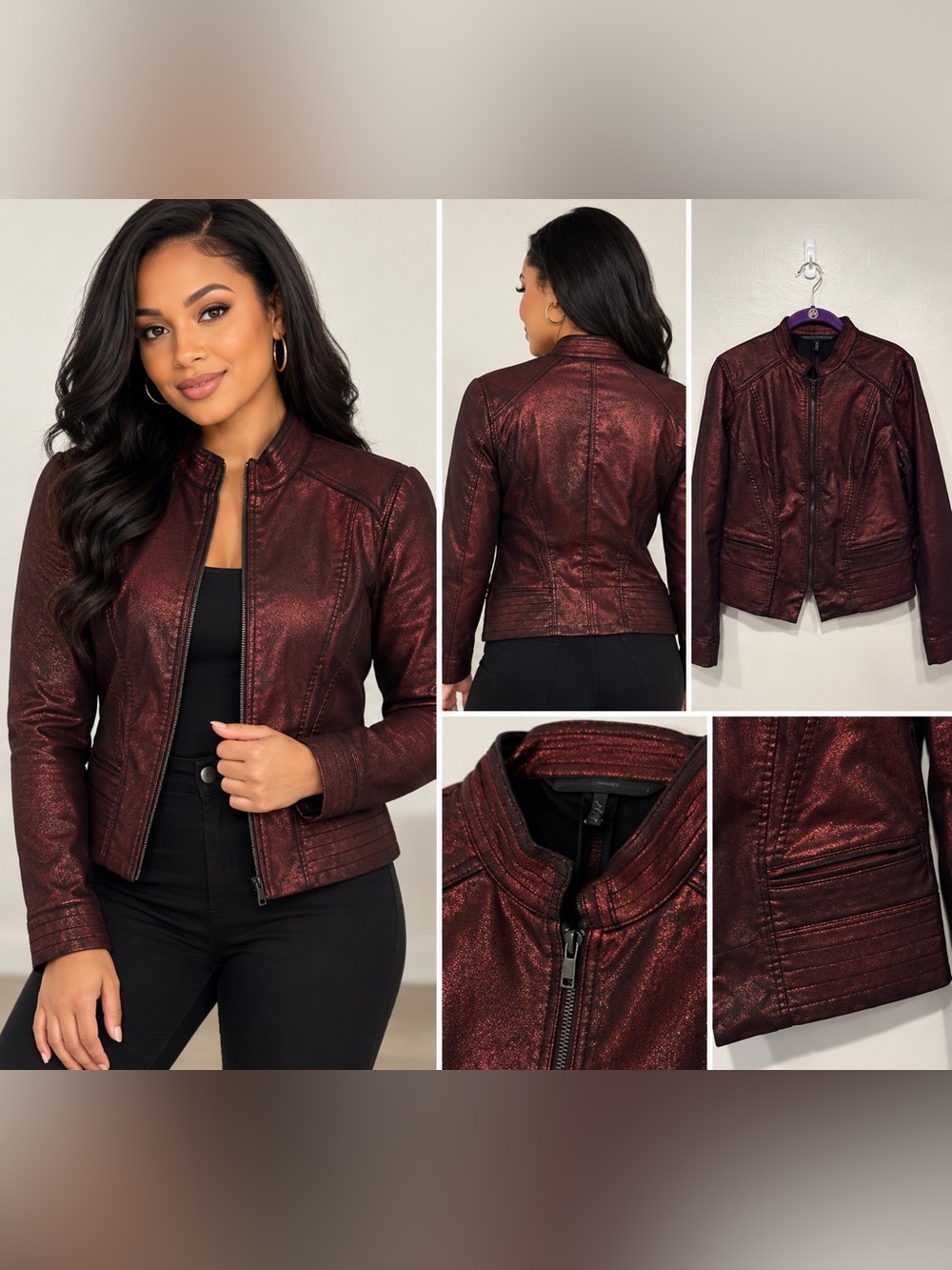 White House Black Market Burgundy Metallic Moto Jacket Size 10